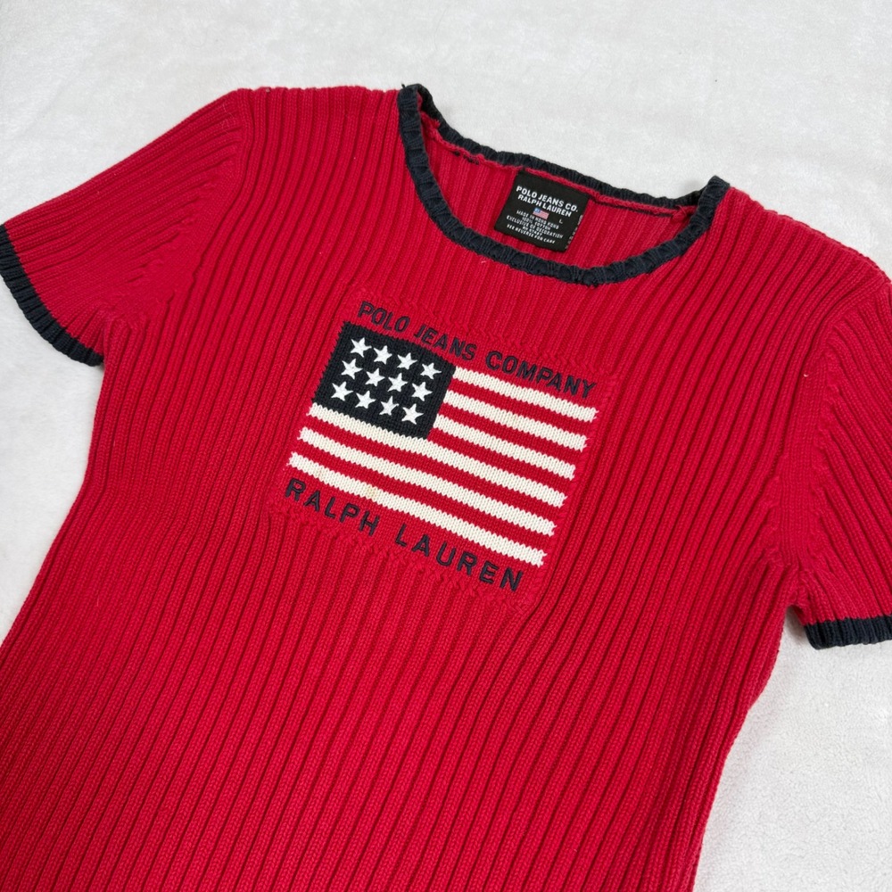 Polo Jeans Co Ralph Lauren Kids Red Knit Short Sleeve‎ Shirt American Flag L